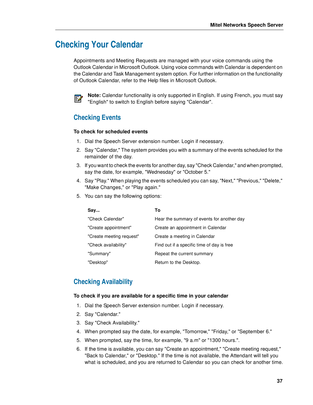 Mitel Speech Server manual Checking Your Calendar, Checking Events, Checking Availability, To check for scheduled events 