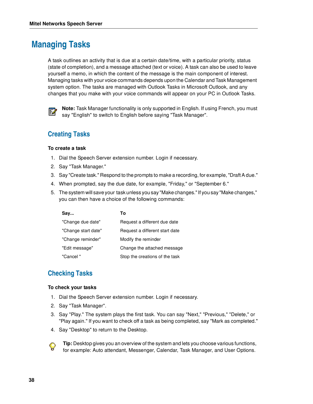 Mitel Speech Server manual Managing Tasks, Creating Tasks, Checking Tasks, To create a task, To check your tasks 