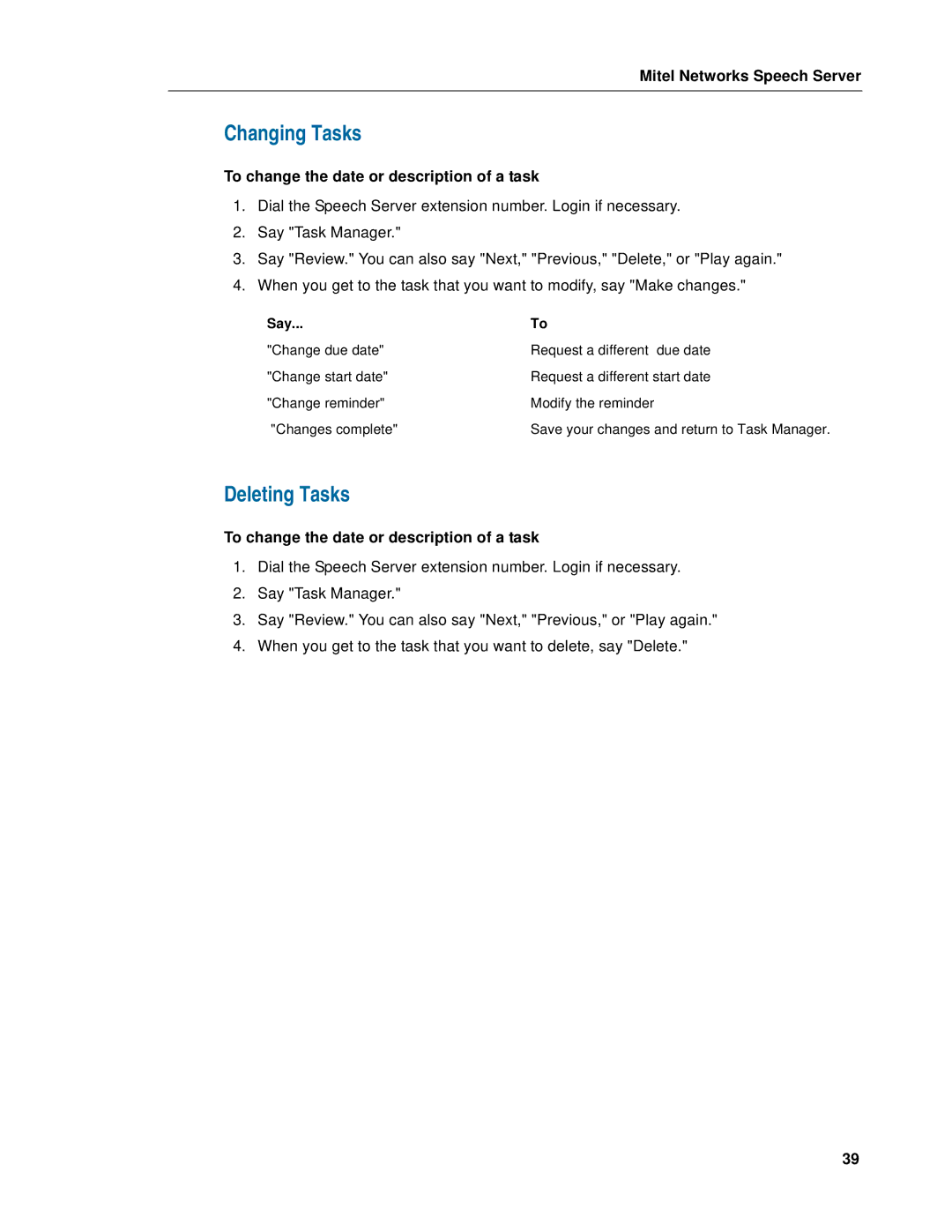 Mitel Speech Server manual Changing Tasks, Deleting Tasks, To change the date or description of a task 