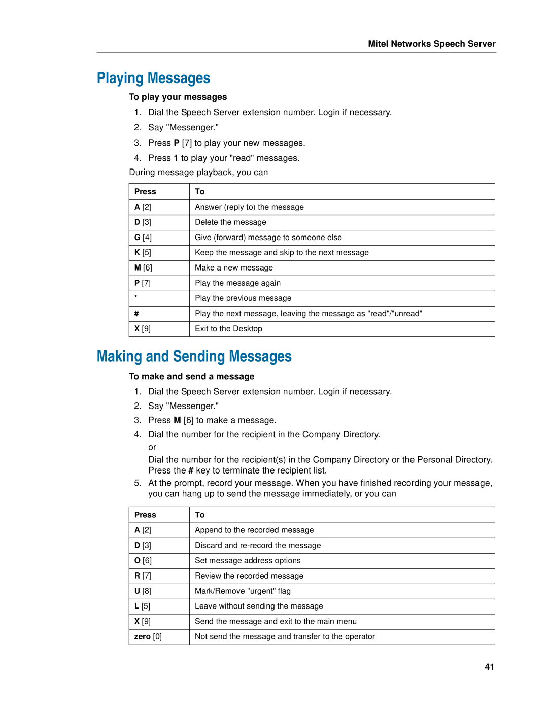 Mitel Speech Server manual Playing Messages, Making and Sending Messages, To play your messages, To make and send a message 