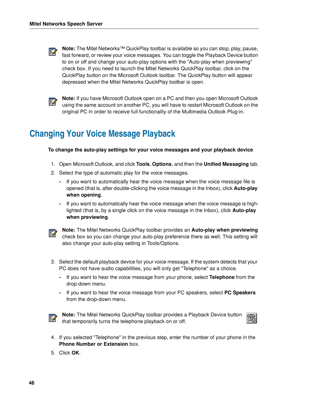 Mitel Speech Server manual Changing Your Voice Message Playback 