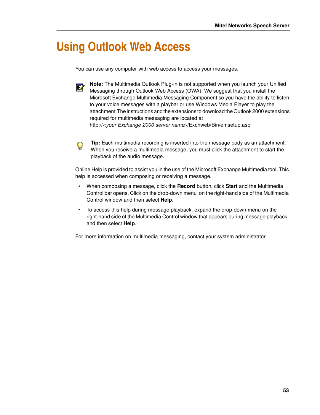 Mitel Speech Server manual Using Outlook Web Access 