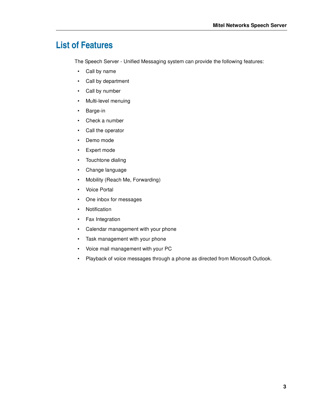 Mitel Speech Server manual List of Features 