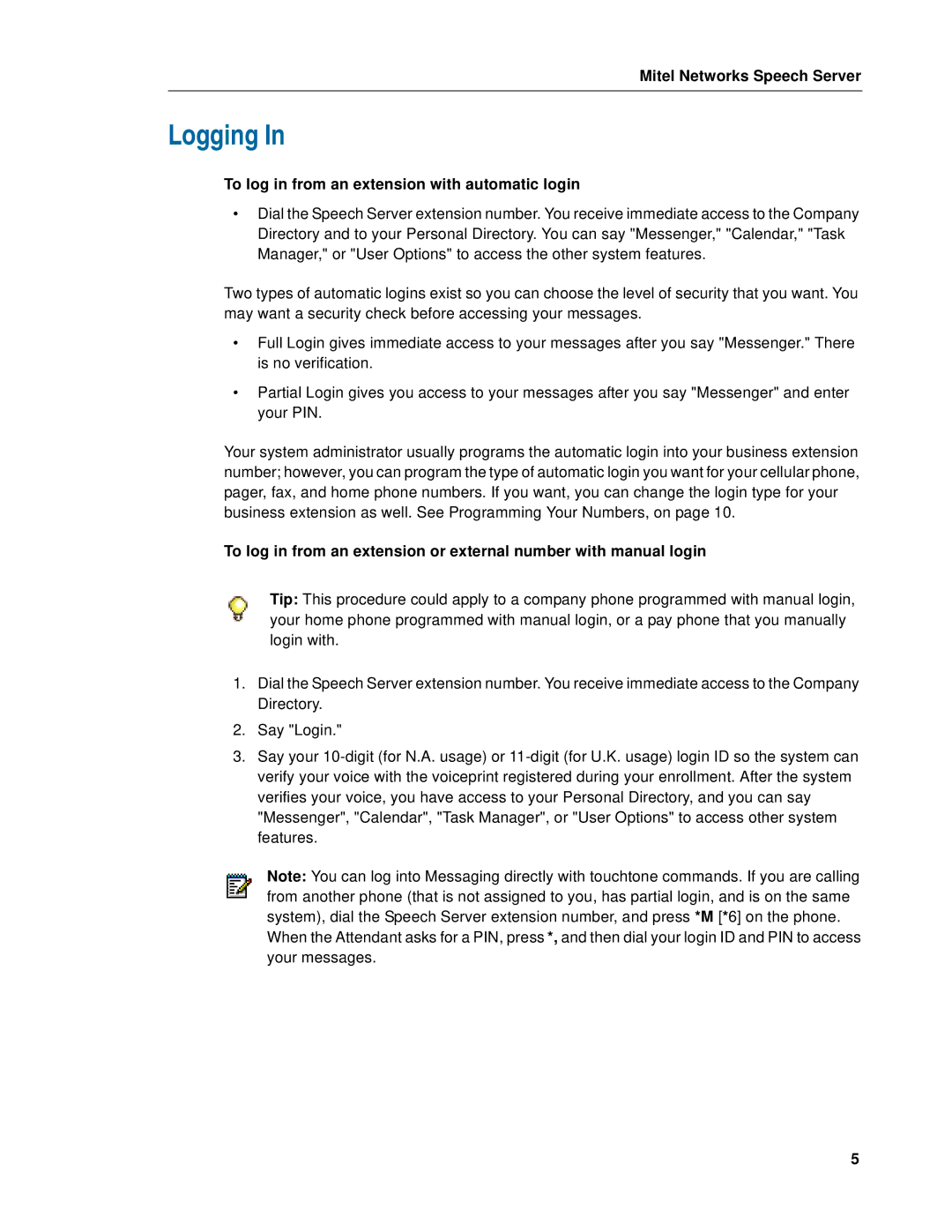 Mitel Speech Server manual Logging, To log in from an extension with automatic login 