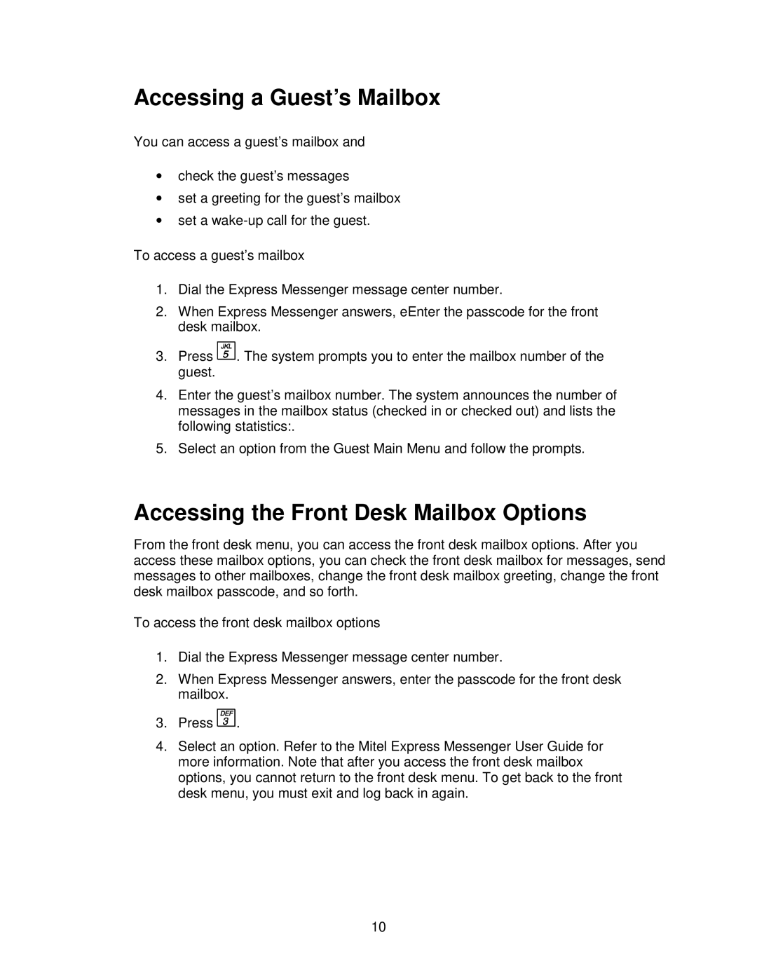 Mitel SX-200 EL, ML manual Accessing a Guest’s Mailbox, Accessing the Front Desk Mailbox Options 