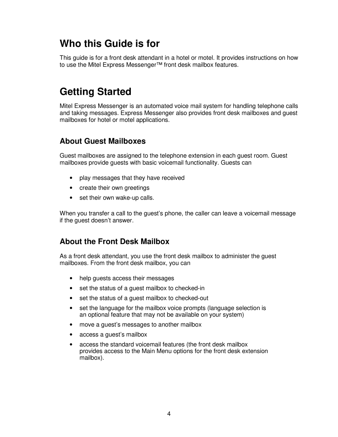 Mitel SX-200 EL, ML manual Who this Guide is for, Getting Started, About Guest Mailboxes, About the Front Desk Mailbox 