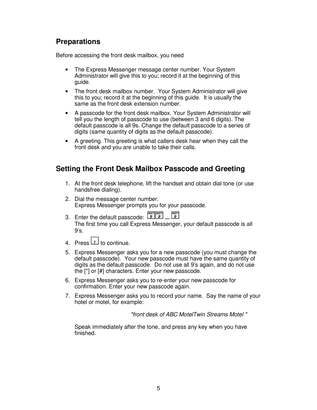 Mitel ML, SX-200 EL manual Preparations, Setting the Front Desk Mailbox Passcode and Greeting 