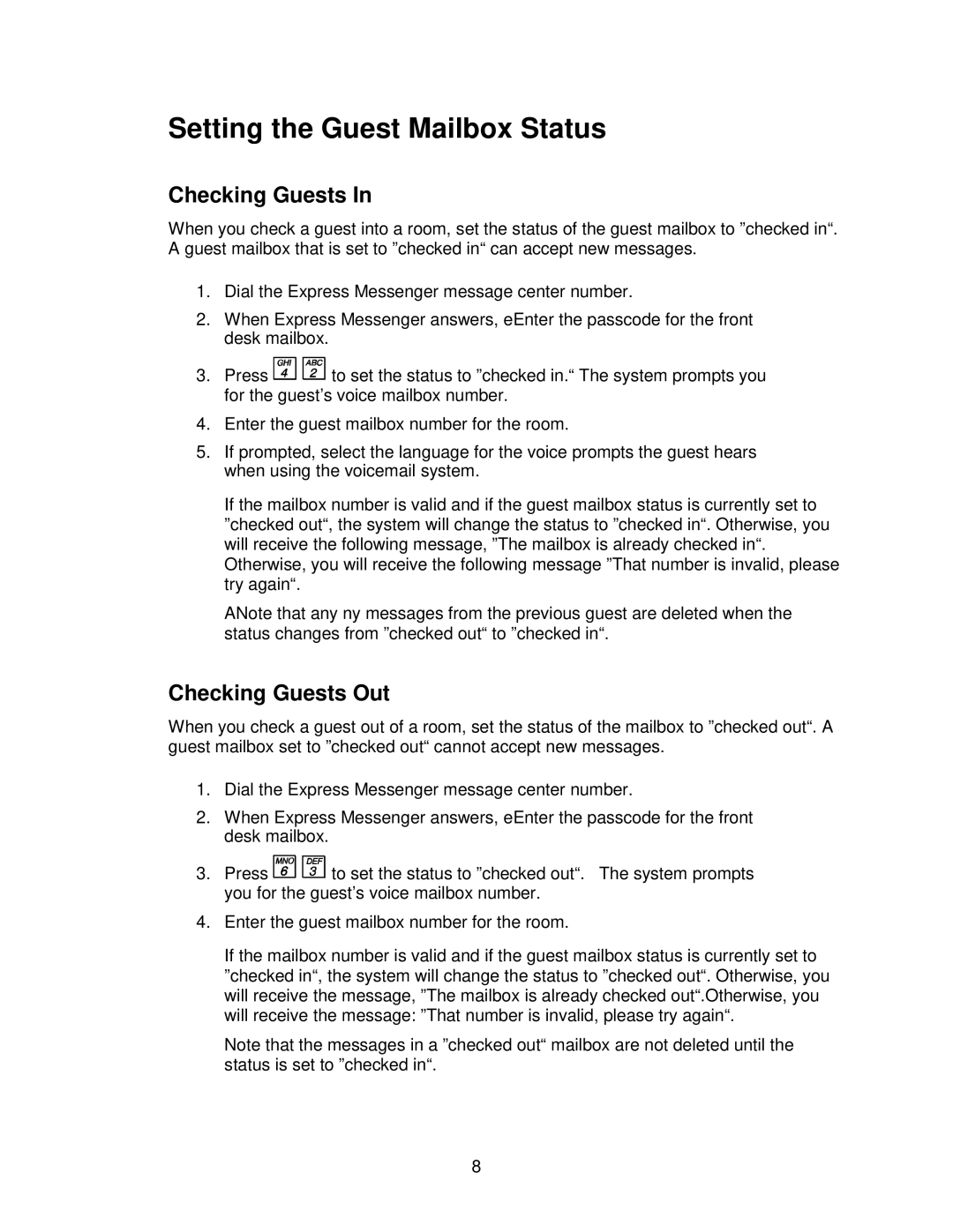 Mitel SX-200 EL, ML manual Setting the Guest Mailbox Status, Checking Guests Out 