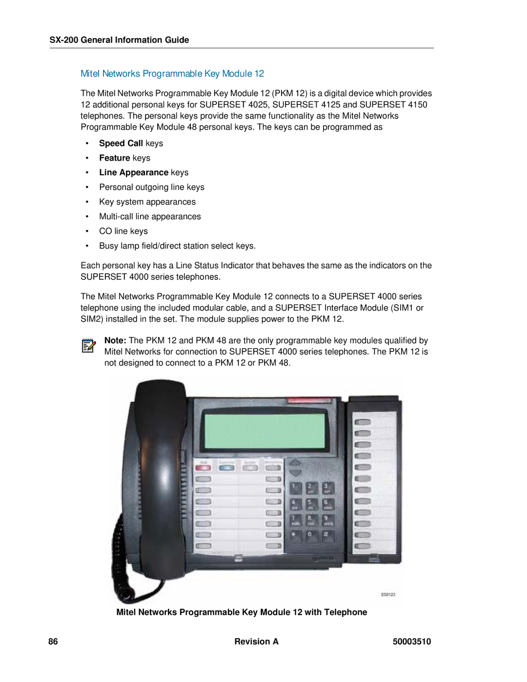 Mitel SX-2000, sx-200 manual Mitel Networks Programmable Key Module, Speed Call keys Feature keys Line Appearance keys 