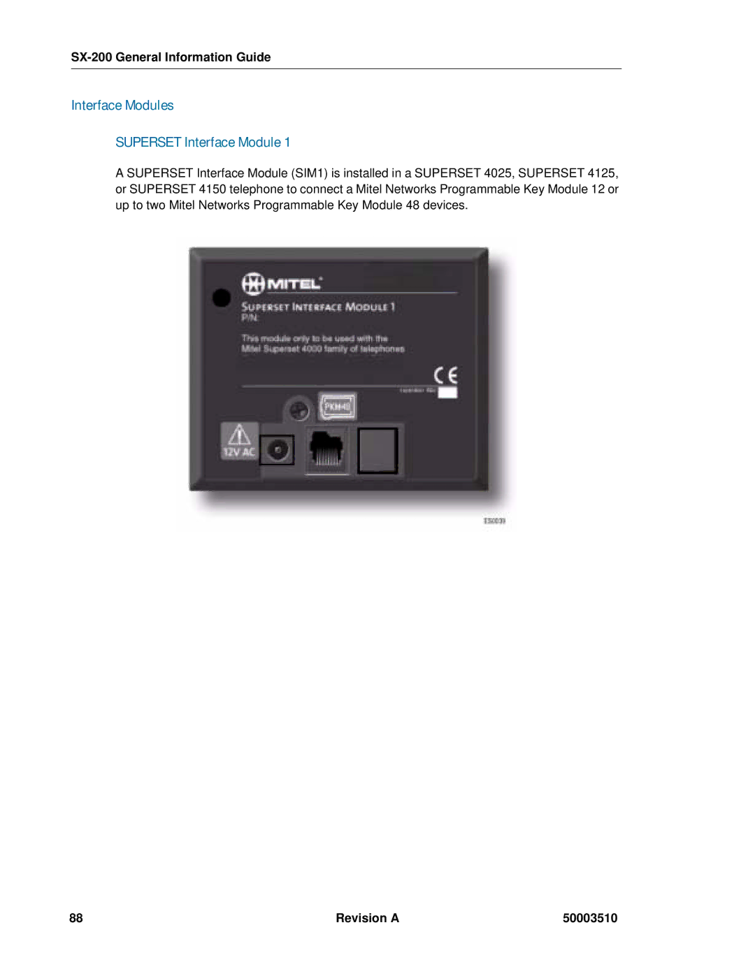 Mitel SX-2000, sx-200 manual Interface Modules Superset Interface Module, Revision a 50003510 