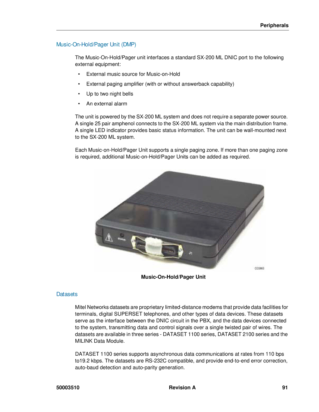 Mitel sx-200, SX-2000 manual Music-On-Hold/Pager Unit DMP, Datasets 