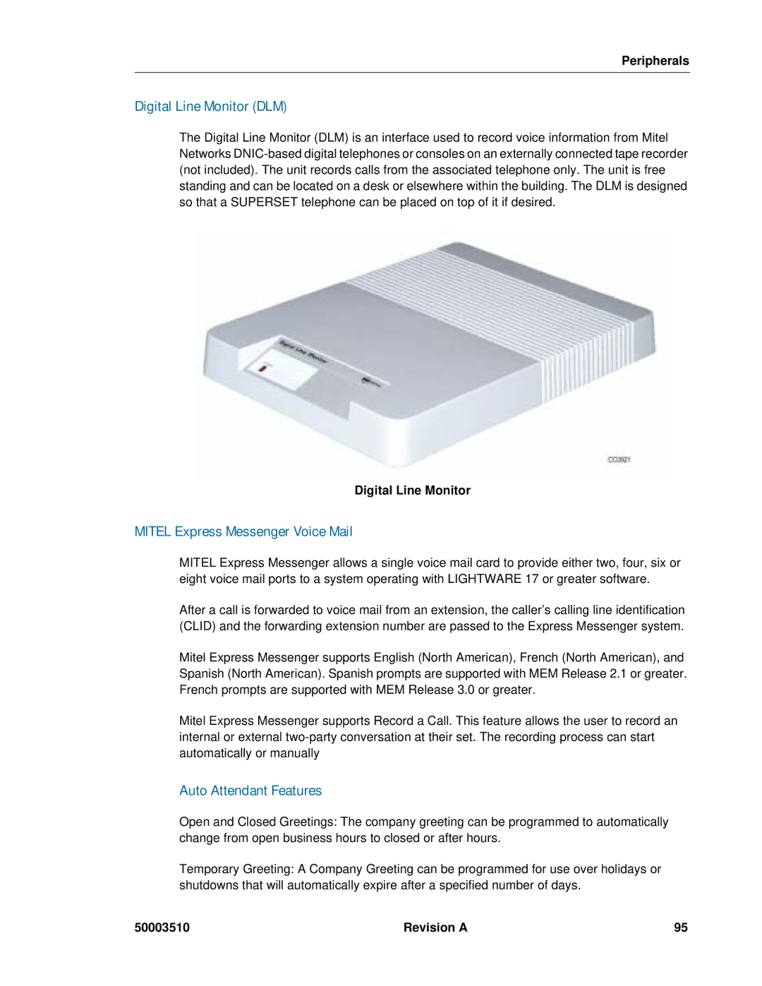 Mitel sx-200, SX-2000 manual Digital Line Monitor DLM, Mitel Express Messenger Voice Mail, Auto Attendant Features 