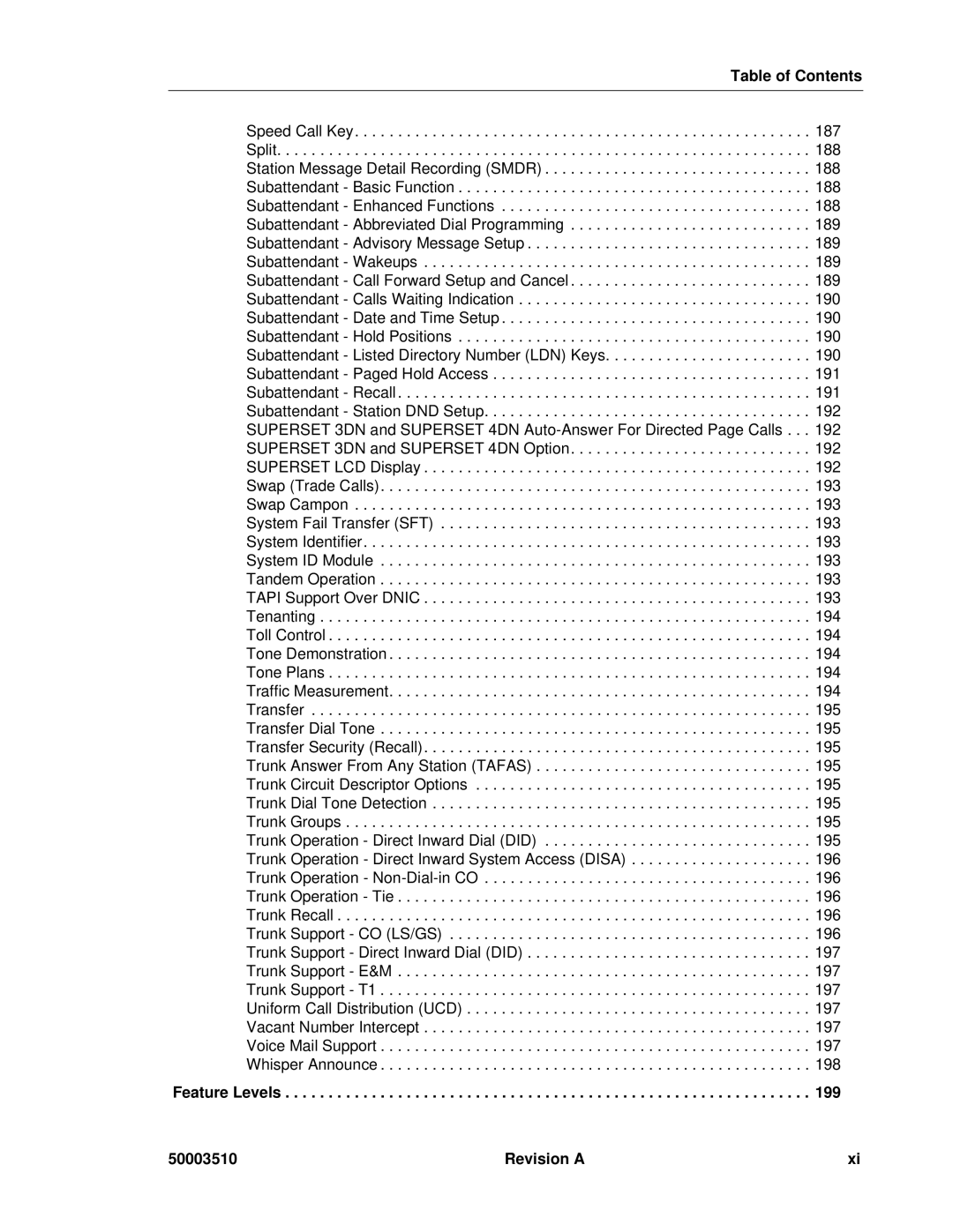 Mitel sx-200, SX-2000 manual Feature Levels 50003510 Revision a 