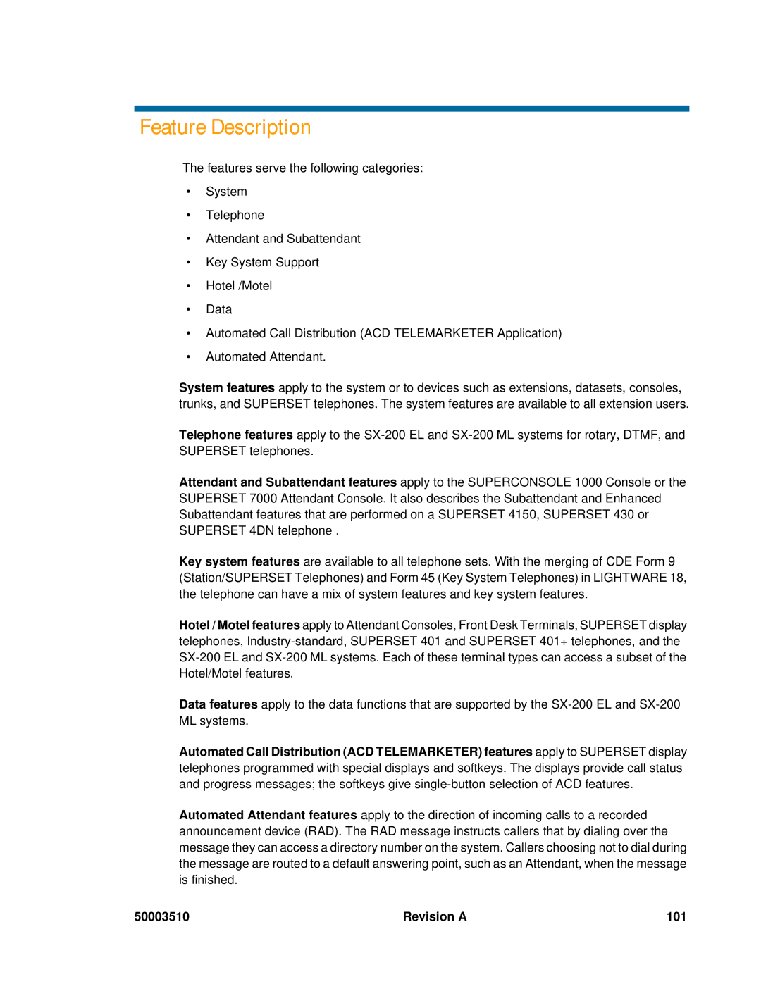 Mitel sx-200, SX-2000 manual Feature Description, Revision a 101 