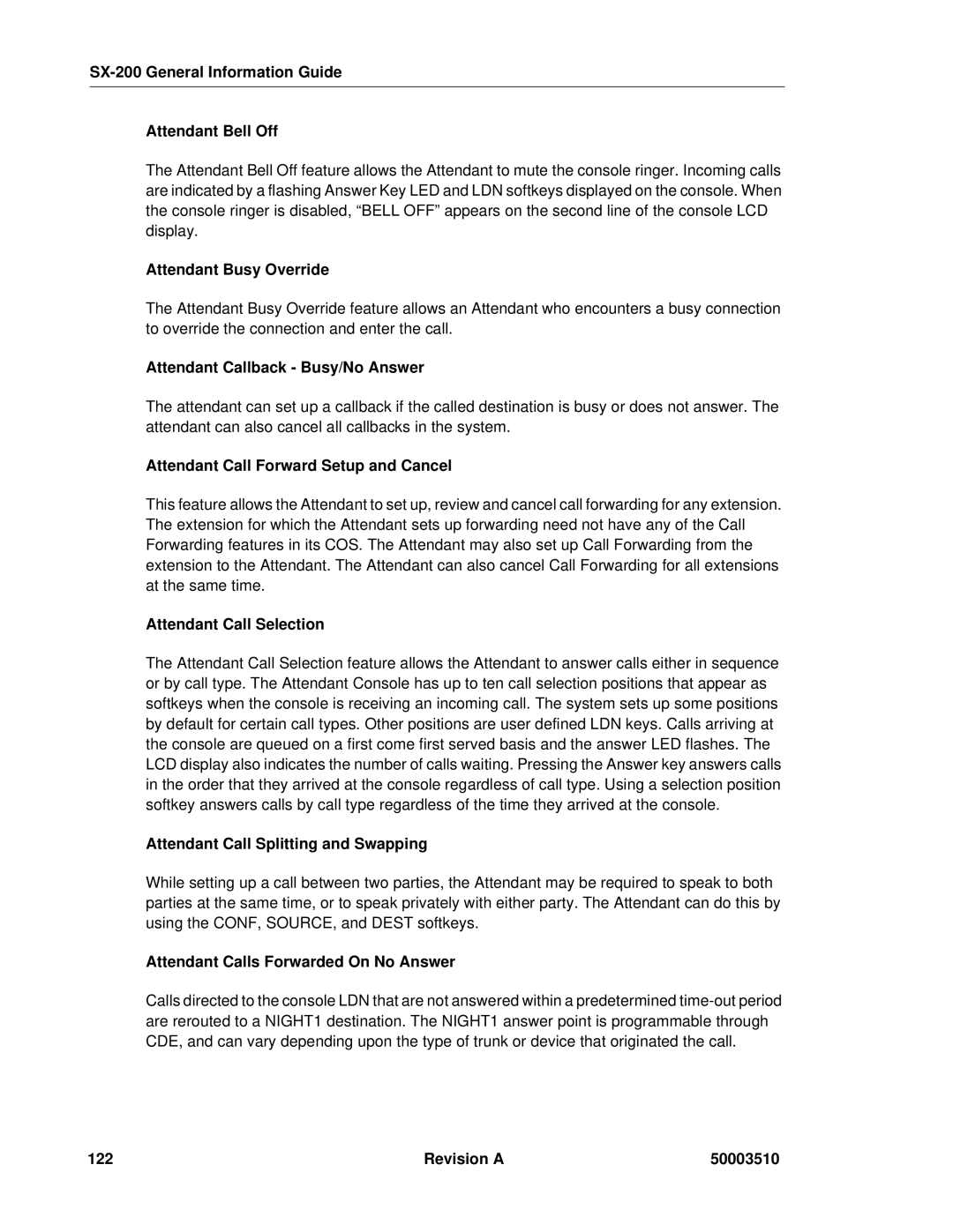 Mitel SX-2000 manual SX-200 General Information Guide Attendant Bell Off, Attendant Busy Override, Attendant Call Selection 