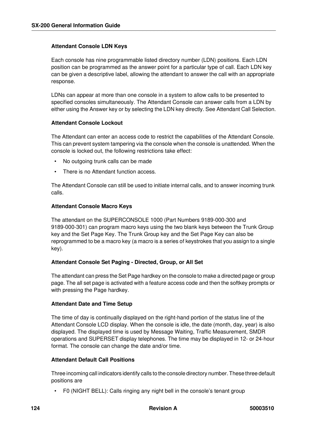 Mitel SX-2000 SX-200 General Information Guide Attendant Console LDN Keys, Attendant Console Lockout, Revision a 50003510 