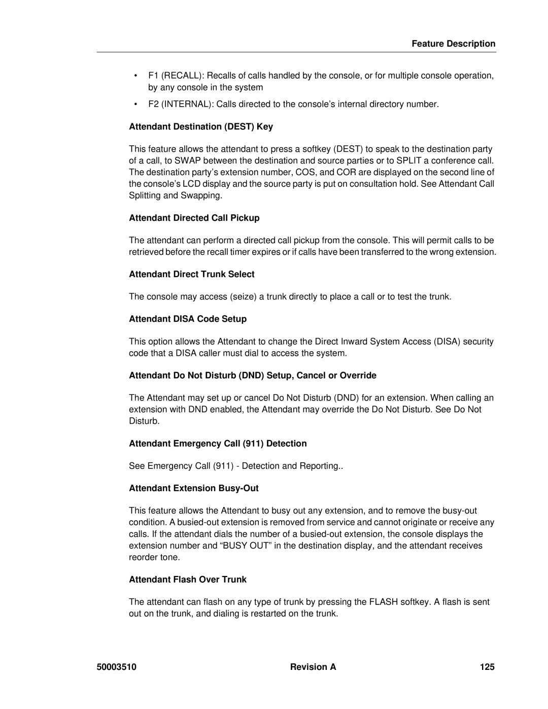 Mitel sx-200 Attendant Destination Dest Key, Attendant Directed Call Pickup, Attendant Direct Trunk Select, Revision a 125 