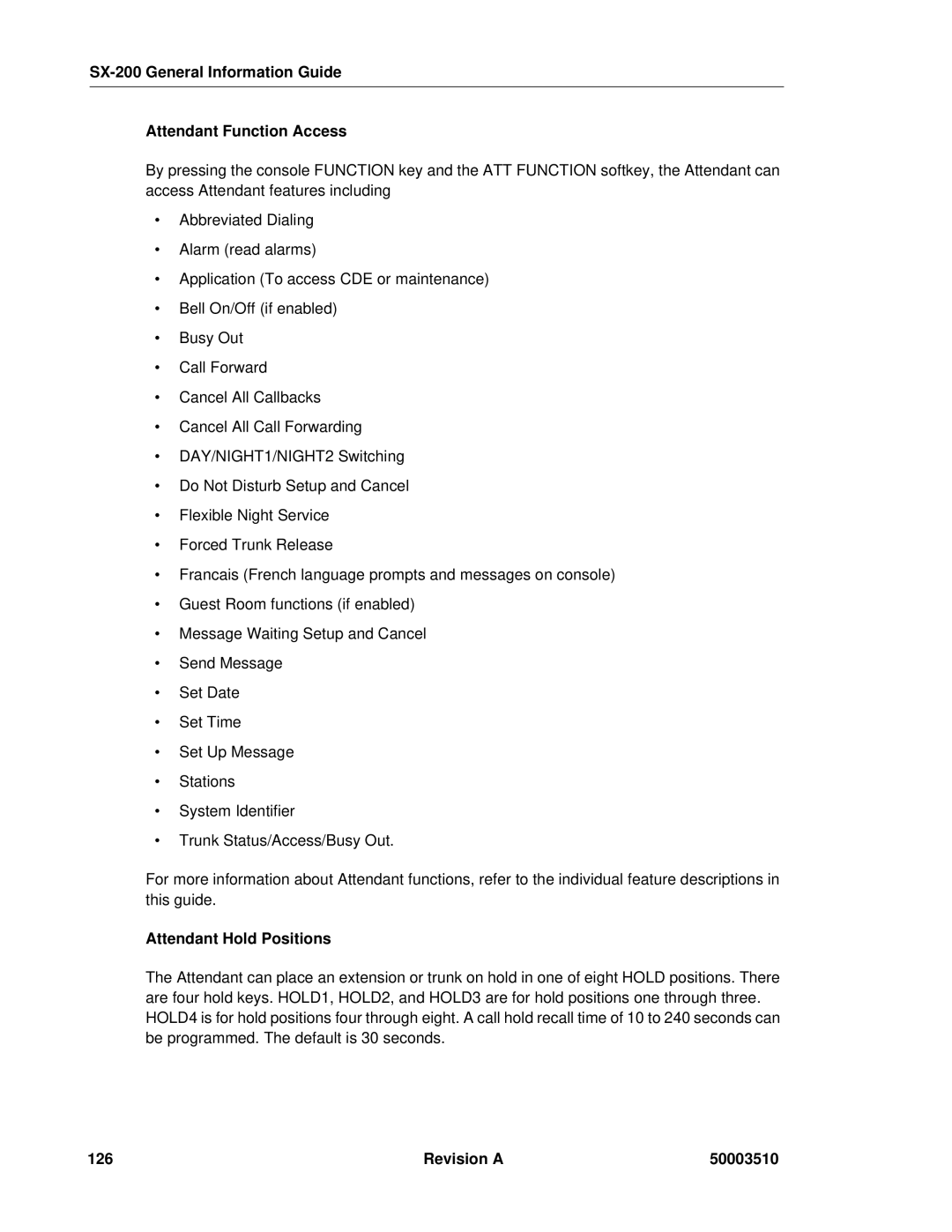 Mitel SX-2000 SX-200 General Information Guide Attendant Function Access, Attendant Hold Positions, Revision a 50003510 