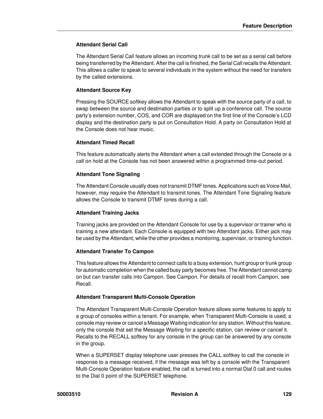 Mitel sx-200 manual Feature Description Attendant Serial Call, Attendant Source Key, Attendant Timed Recall, Revision a 129 