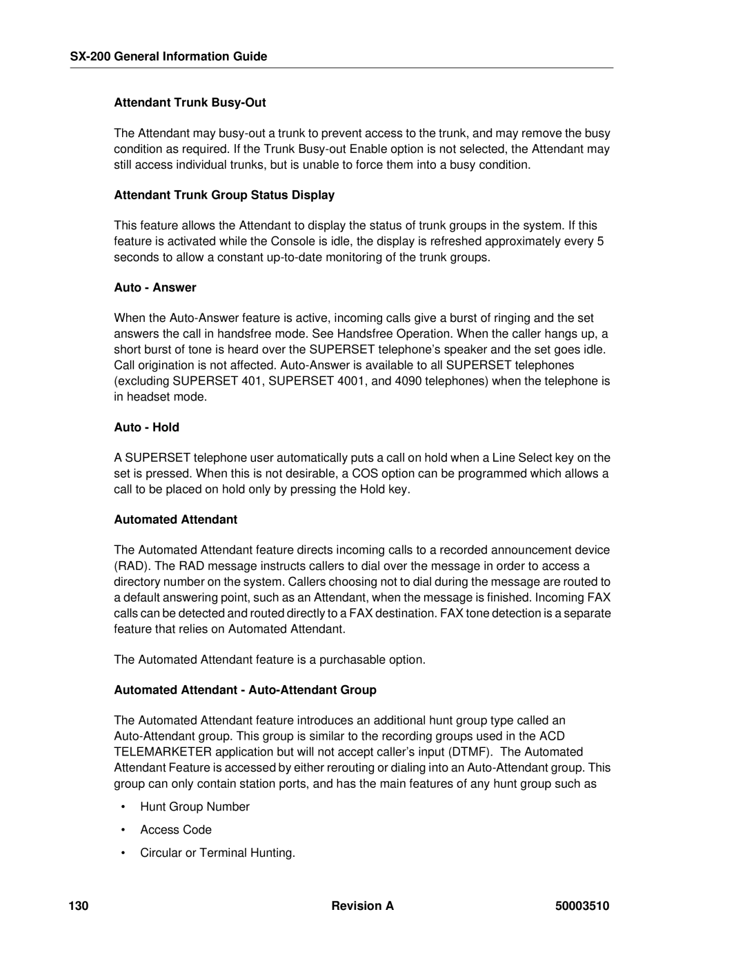 Mitel SX-2000 SX-200 General Information Guide Attendant Trunk Busy-Out, Attendant Trunk Group Status Display, Auto Answer 