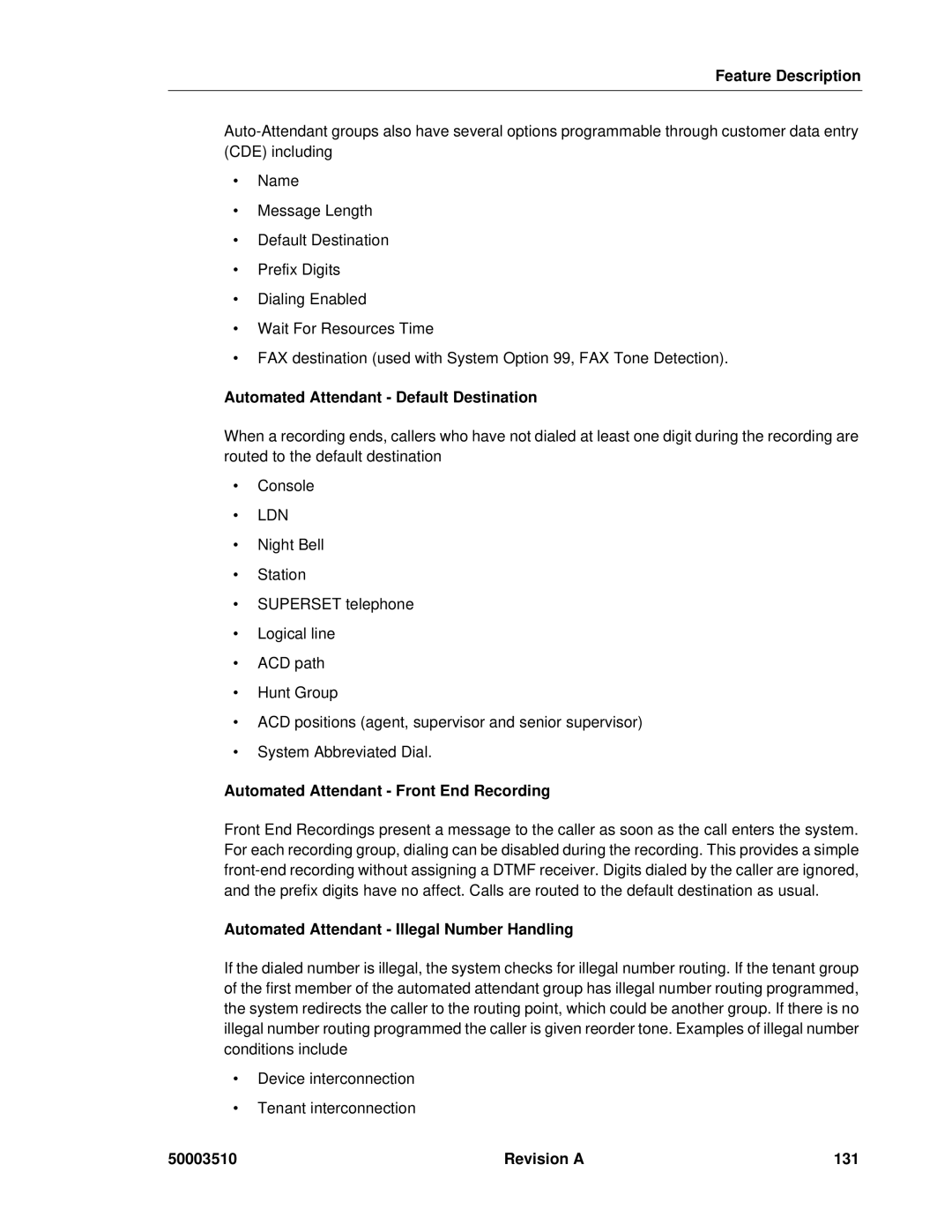 Mitel sx-200, SX-2000 Automated Attendant Default Destination, Automated Attendant Front End Recording, Revision a 131 