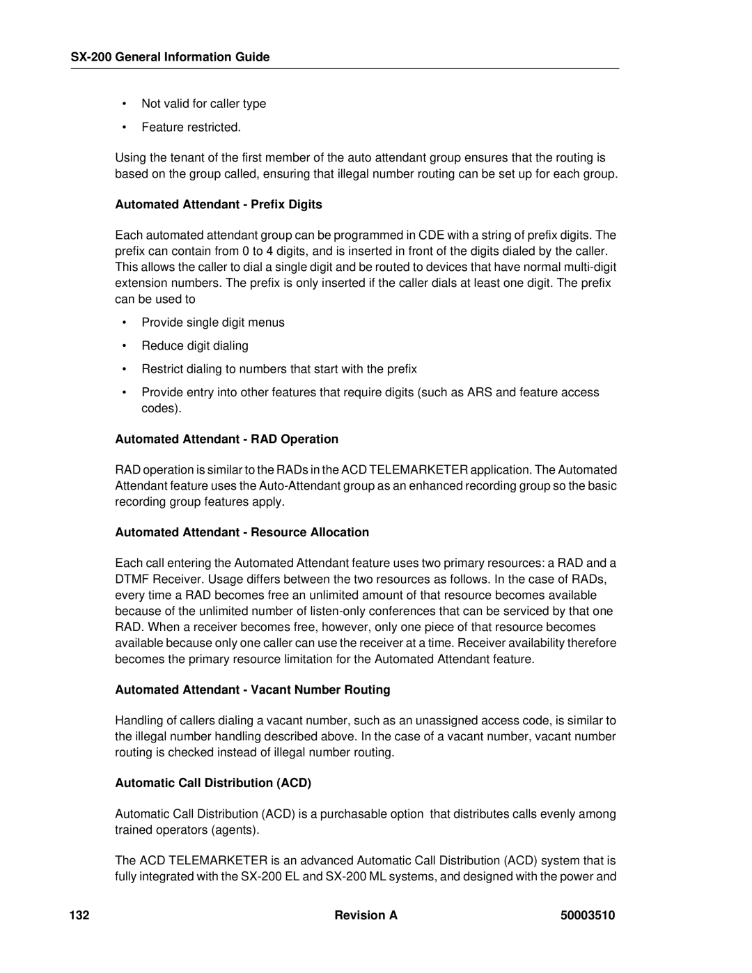 Mitel SX-2000 manual Automated Attendant Prefix Digits, Automated Attendant RAD Operation, Automatic Call Distribution ACD 