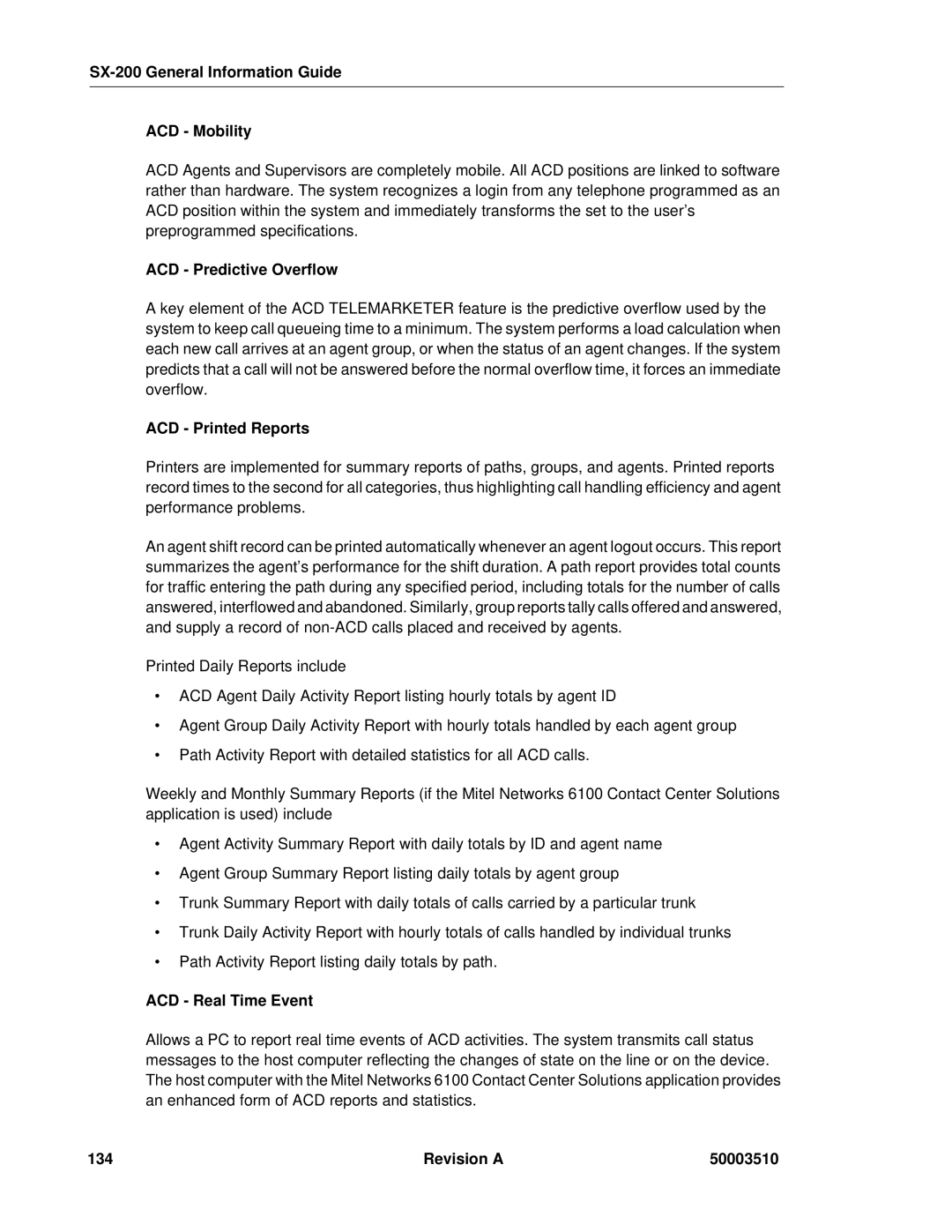 Mitel SX-2000, sx-200 manual SX-200 General Information Guide ACD Mobility, ACD Predictive Overflow, ACD Printed Reports 