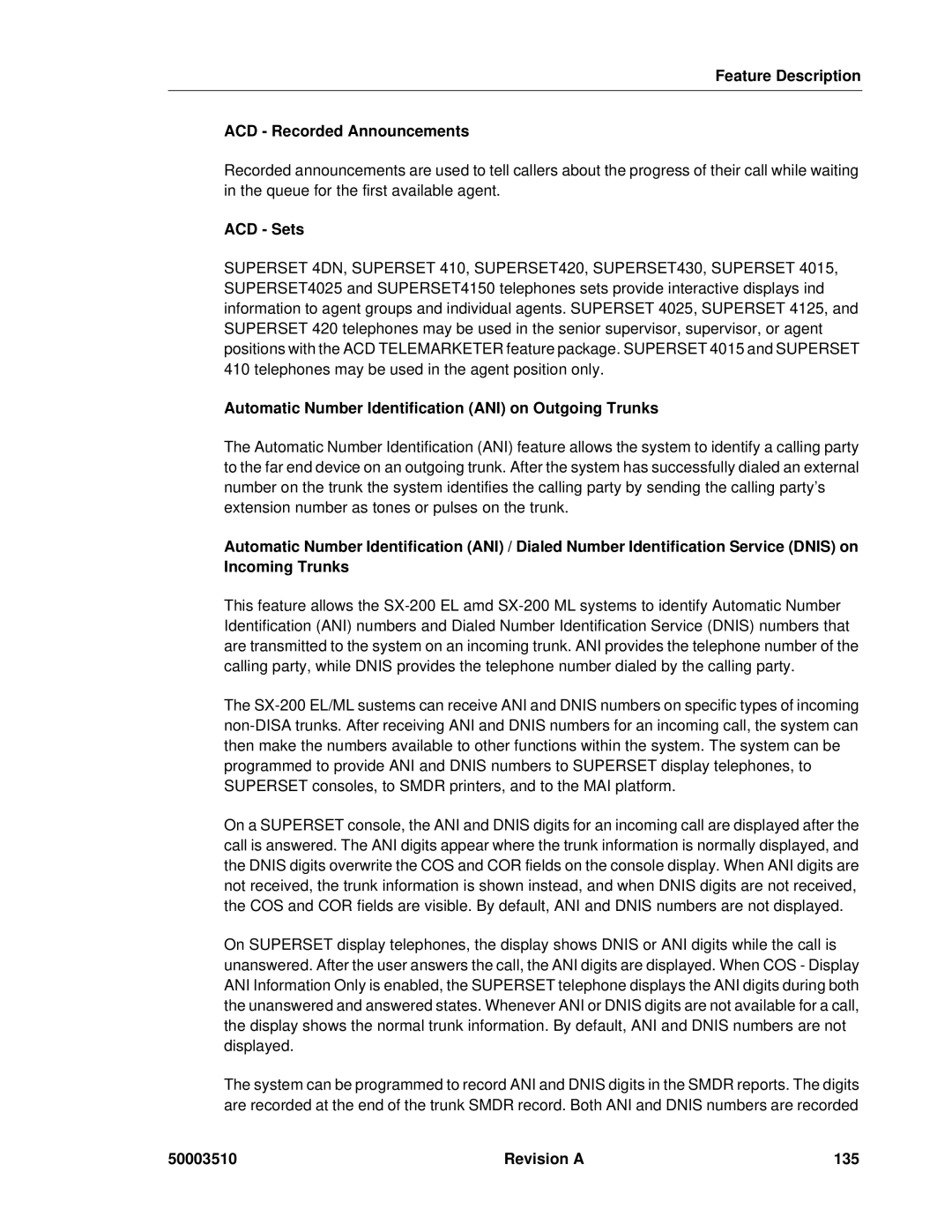Mitel sx-200, SX-2000 manual Feature Description ACD Recorded Announcements, ACD Sets, Revision a 135 