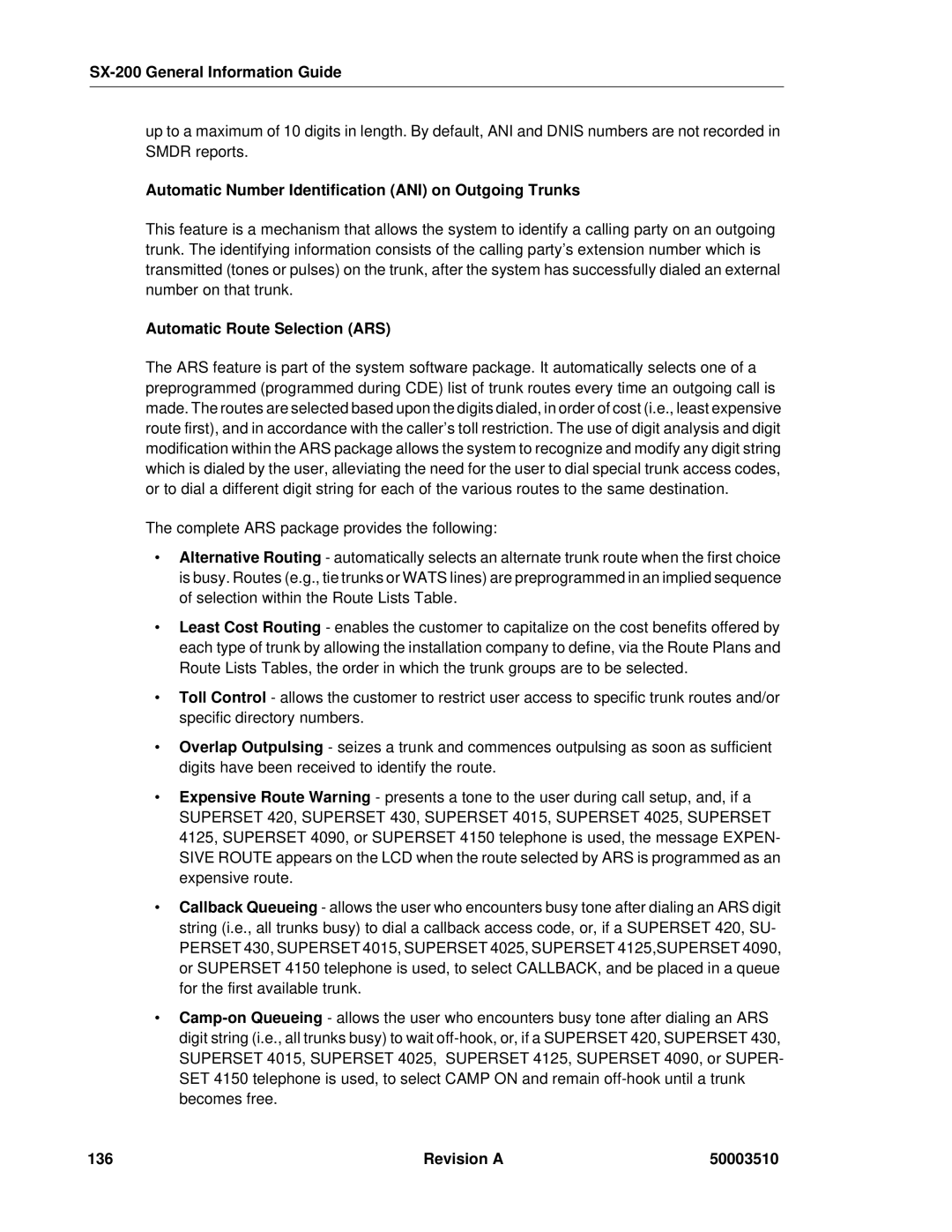 Mitel SX-2000, sx-200 manual Automatic Route Selection ARS, Revision a 50003510 