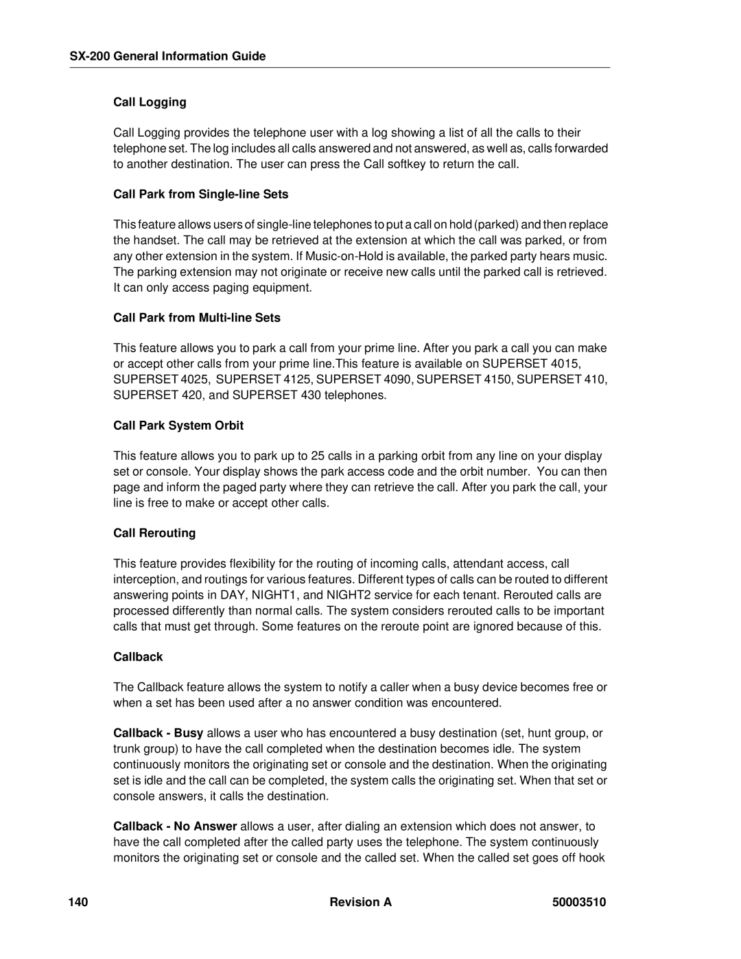 Mitel SX-2000 manual SX-200 General Information Guide Call Logging, Call Park from Single-line Sets, Call Park System Orbit 