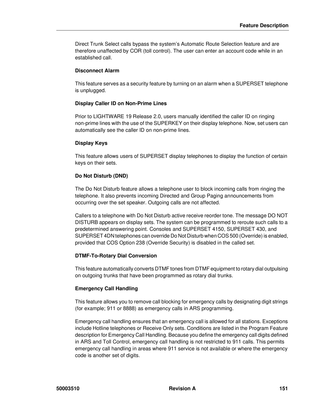 Mitel sx-200 manual Disconnect Alarm, Display Caller ID on Non-Prime Lines Display Keys, Do Not Disturb DND, Revision a 151 
