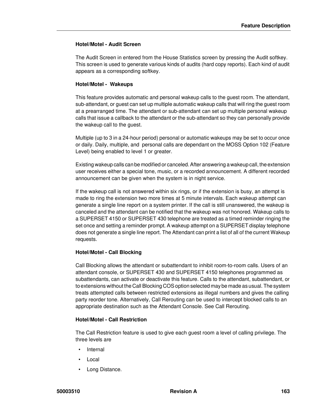 Mitel sx-200 Feature Description Hotel/Motel Audit Screen, Hotel/Motel Wakeups, Hotel/Motel Call Blocking, Revision a 163 