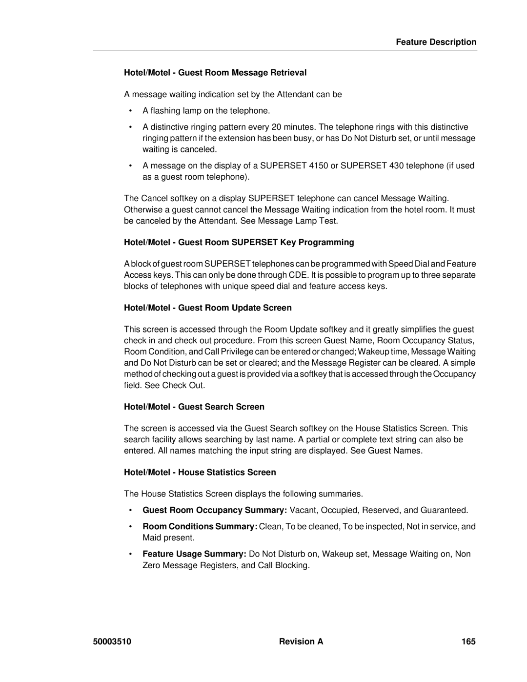 Mitel sx-200 manual Hotel/Motel Guest Room Superset Key Programming, Hotel/Motel Guest Room Update Screen, Revision a 165 