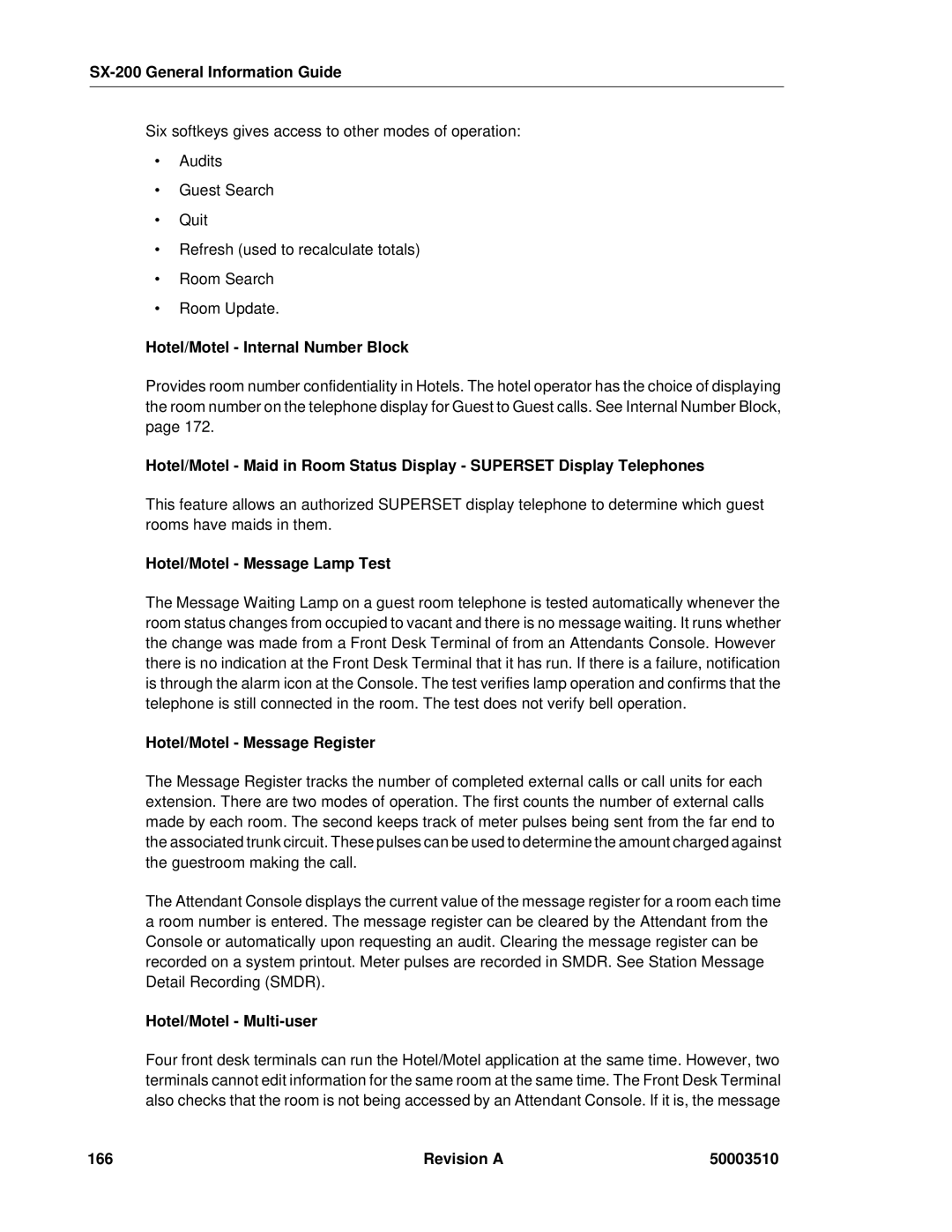 Mitel SX-2000, sx-200 manual Hotel/Motel Internal Number Block, Hotel/Motel Message Lamp Test, Hotel/Motel Message Register 