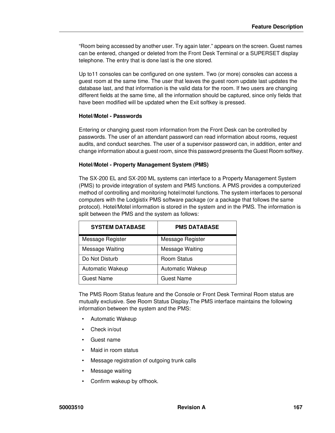 Mitel sx-200, SX-2000 manual Hotel/Motel Passwords, Hotel/Motel Property Management System PMS, Revision a 167 