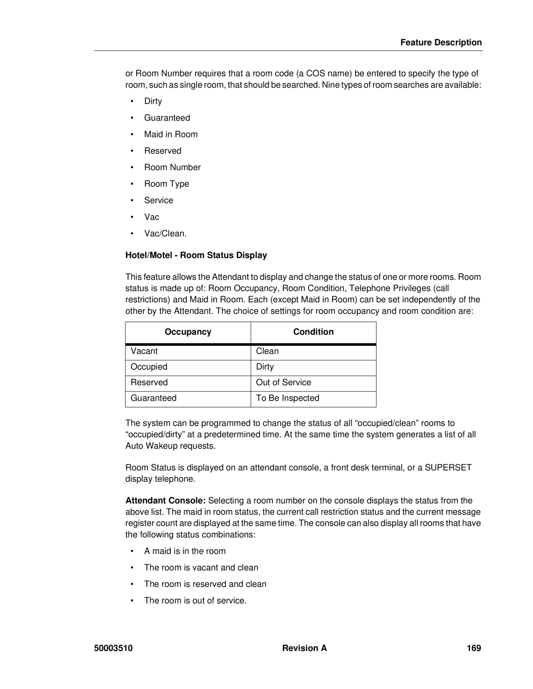 Mitel sx-200, SX-2000 manual Hotel/Motel Room Status Display, Occupancy Condition, Revision a 169 