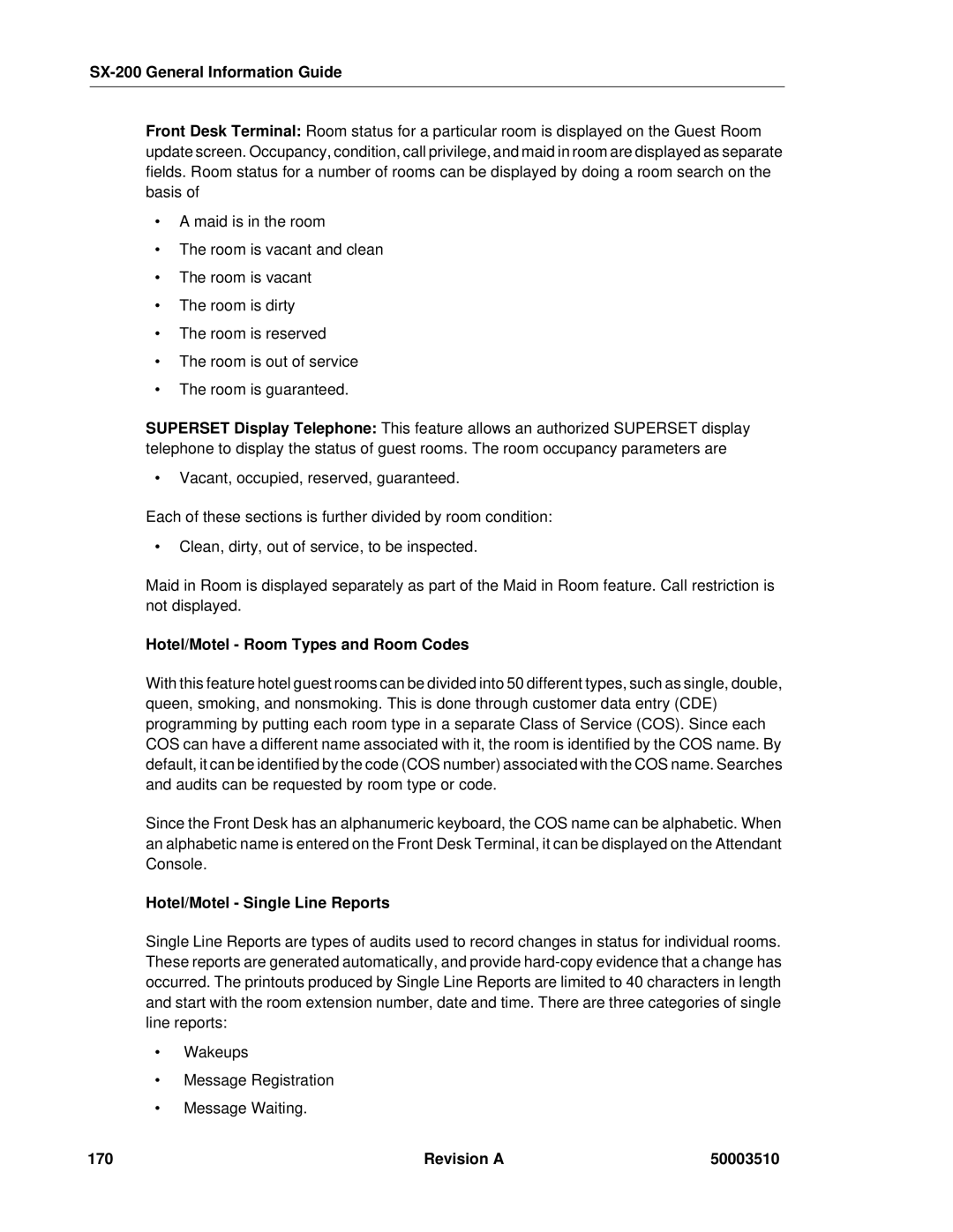 Mitel SX-2000, sx-200 manual Hotel/Motel Room Types and Room Codes, Hotel/Motel Single Line Reports, Revision a 50003510 