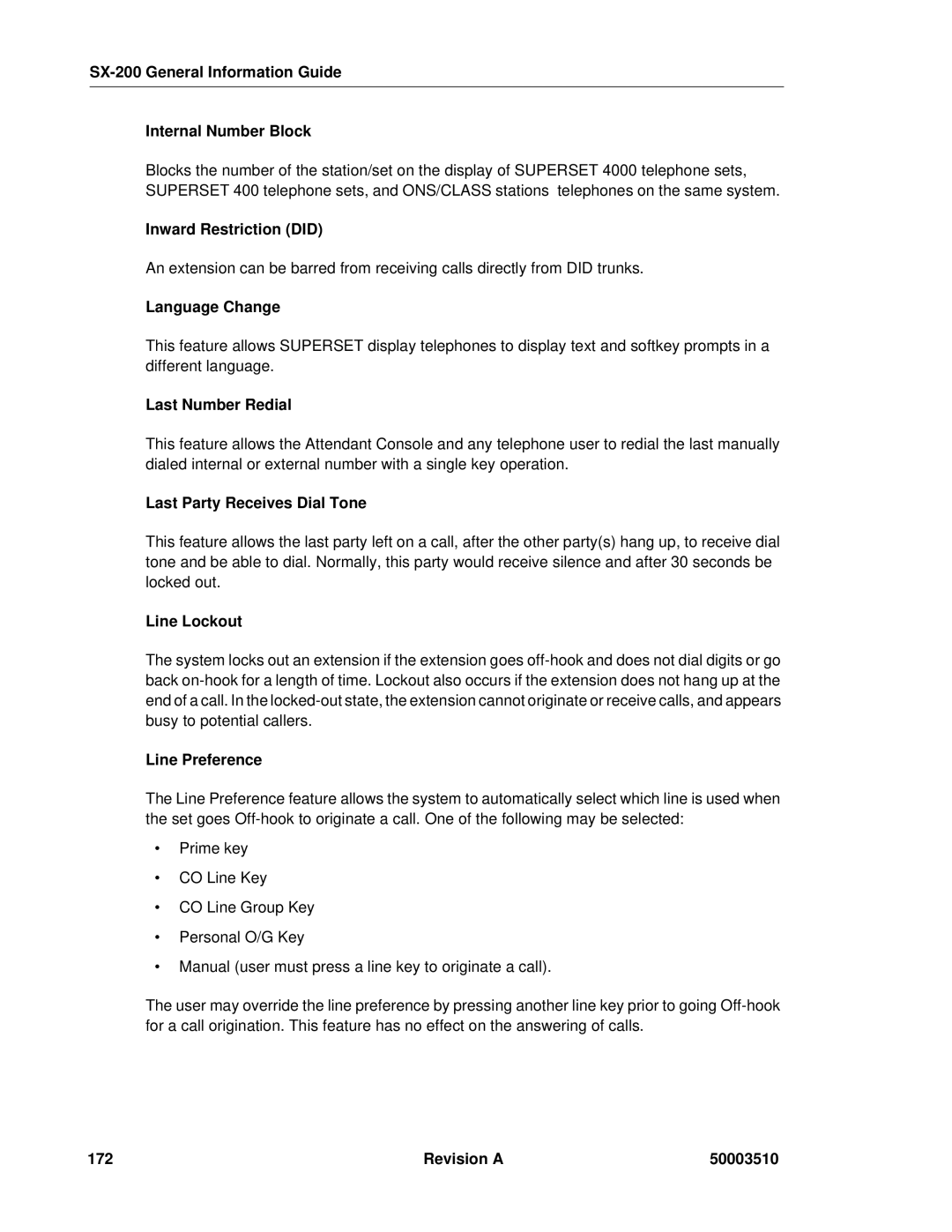 Mitel SX-2000, sx-200 manual SX-200 General Information Guide Internal Number Block, Inward Restriction did, Language Change 