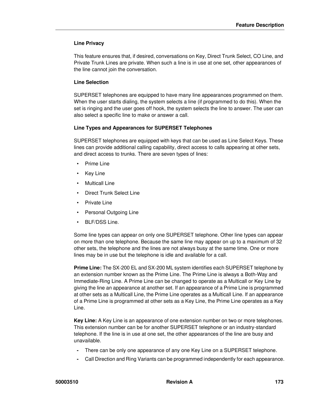 Mitel sx-200, SX-2000 Feature Description Line Privacy, Line Selection, Line Types and Appearances for Superset Telephones 