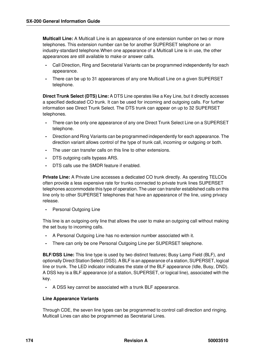 Mitel SX-2000, sx-200 manual Line Appearance Variants, Revision a 50003510 
