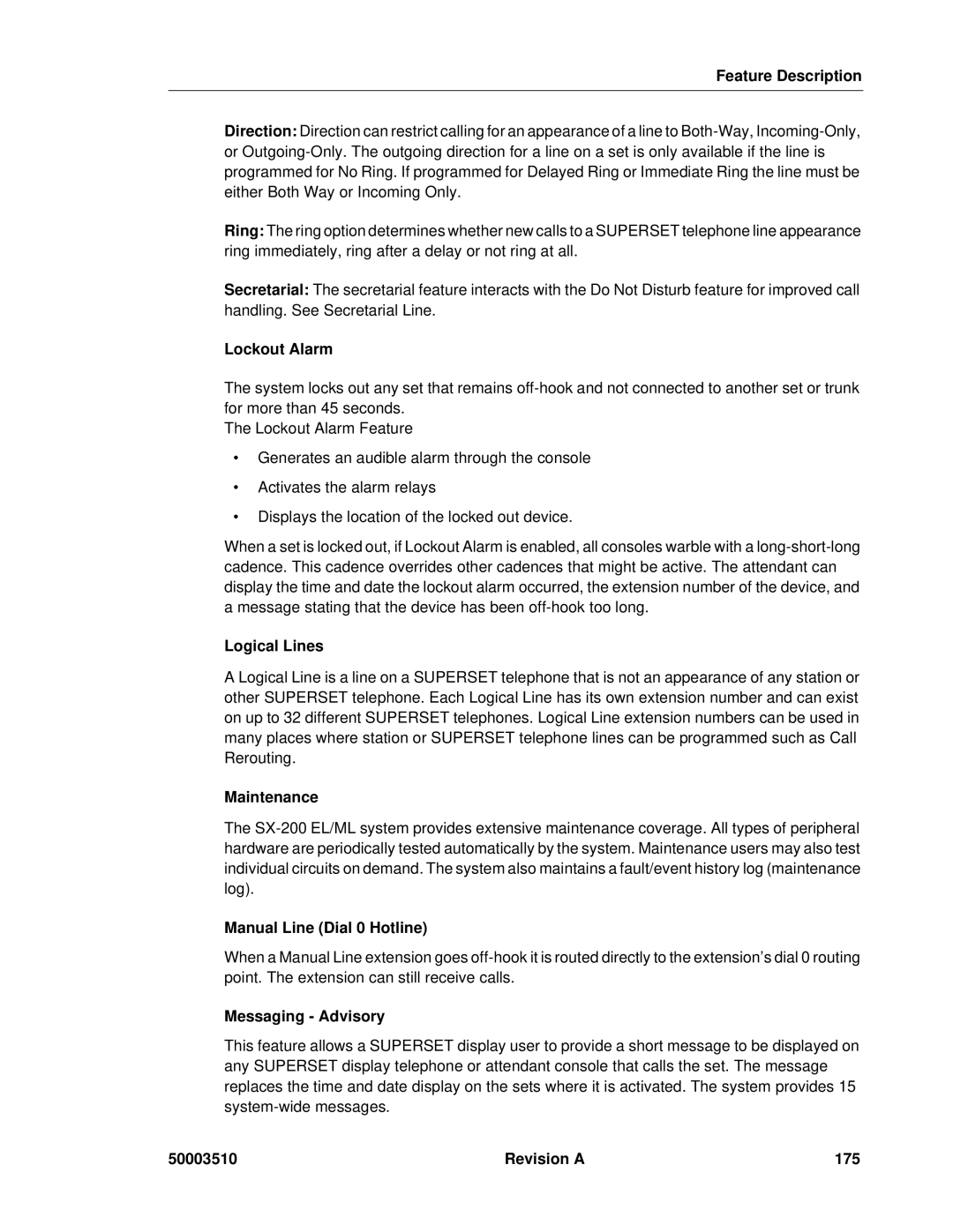 Mitel sx-200 Lockout Alarm, Logical Lines, Maintenance, Manual Line Dial 0 Hotline, Messaging Advisory, Revision a 175 