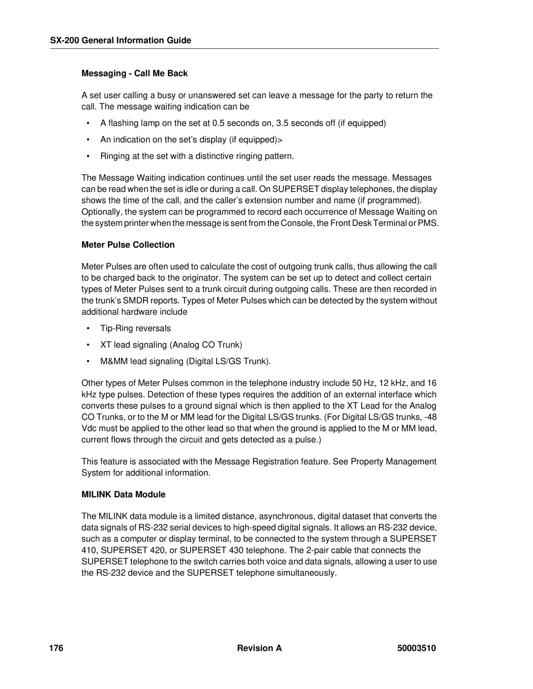 Mitel SX-2000, sx-200 SX-200 General Information Guide Messaging Call Me Back, Meter Pulse Collection, Milink Data Module 