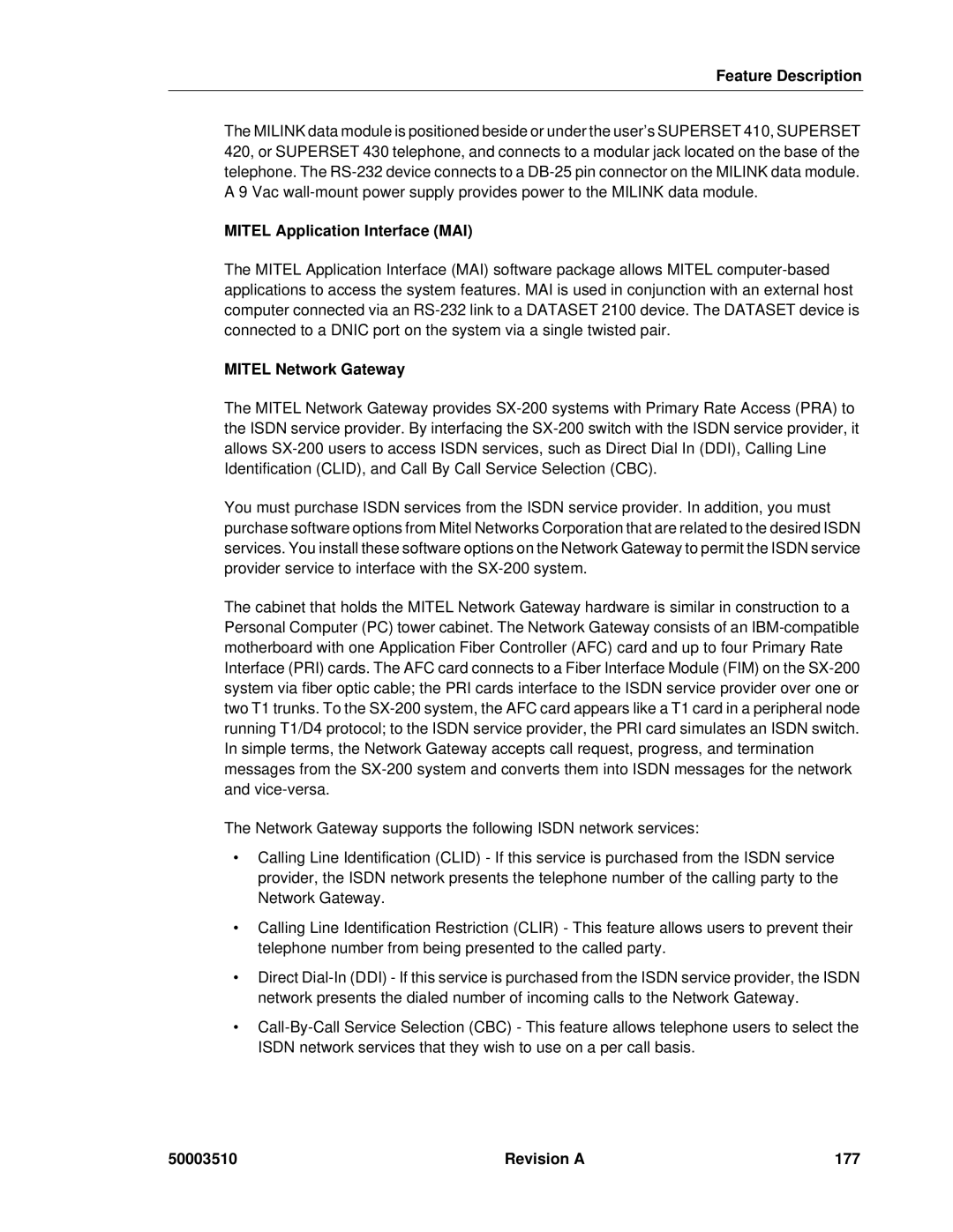 Mitel sx-200, SX-2000 manual Mitel Application Interface MAI, Mitel Network Gateway, Revision a 177 