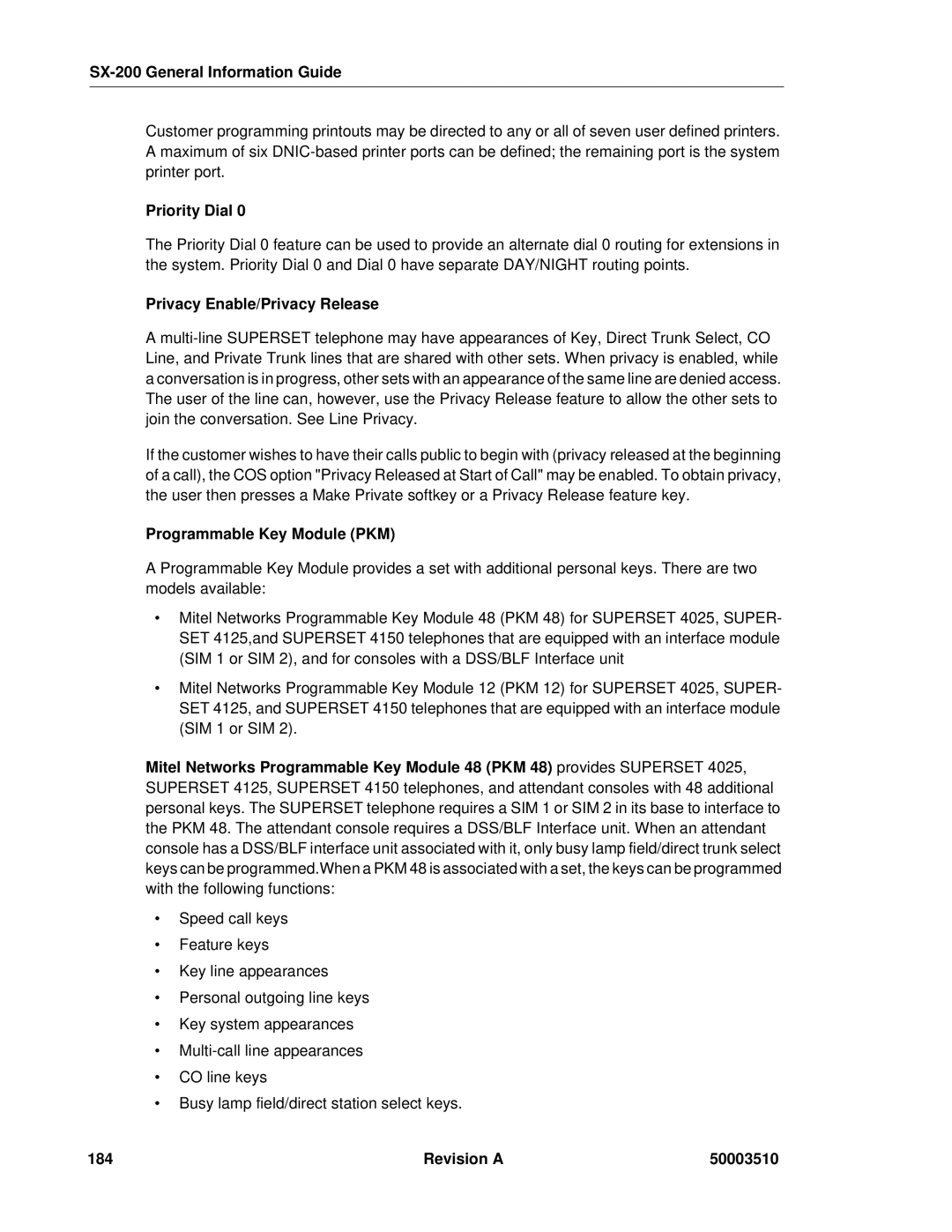 Mitel SX-2000, sx-200 manual Priority Dial, Privacy Enable/Privacy Release, Programmable Key Module PKM, Revision a 50003510 