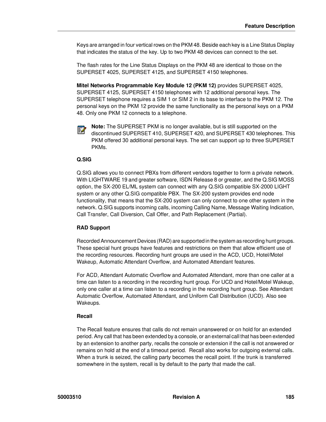 Mitel sx-200, SX-2000 manual RAD Support, Recall, Revision a 185 