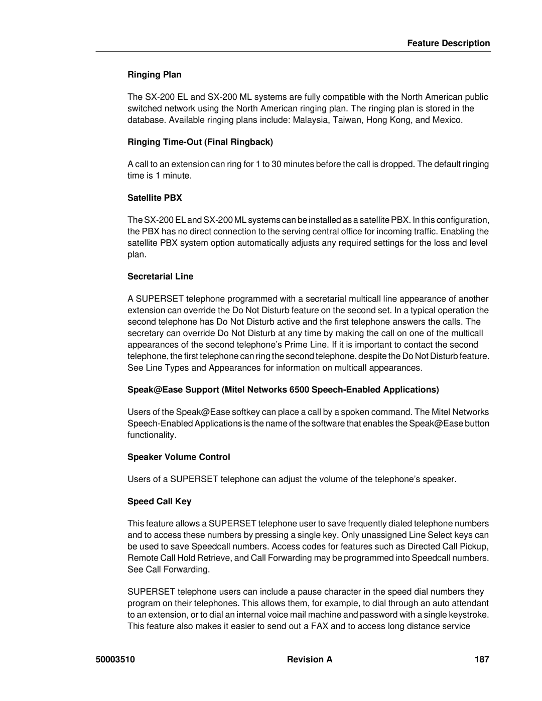 Mitel sx-200, SX-2000 Feature Description Ringing Plan, Ringing Time-Out Final Ringback, Satellite PBX, Secretarial Line 