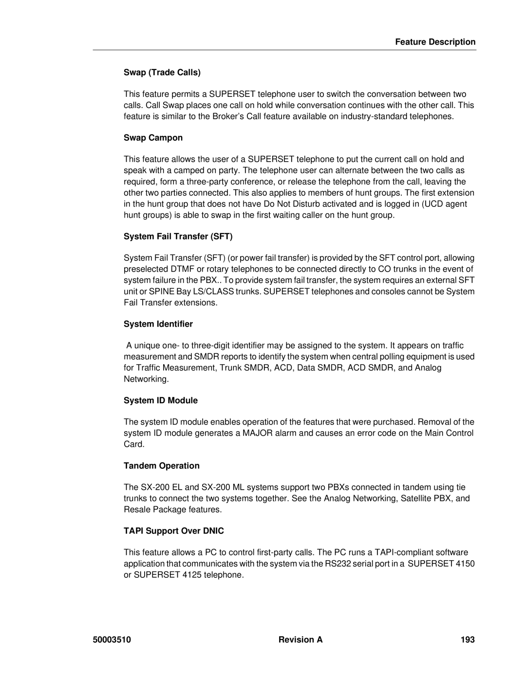 Mitel sx-200, SX-2000 manual Feature Description Swap Trade Calls, Swap Campon, System Fail Transfer SFT, System Identifier 