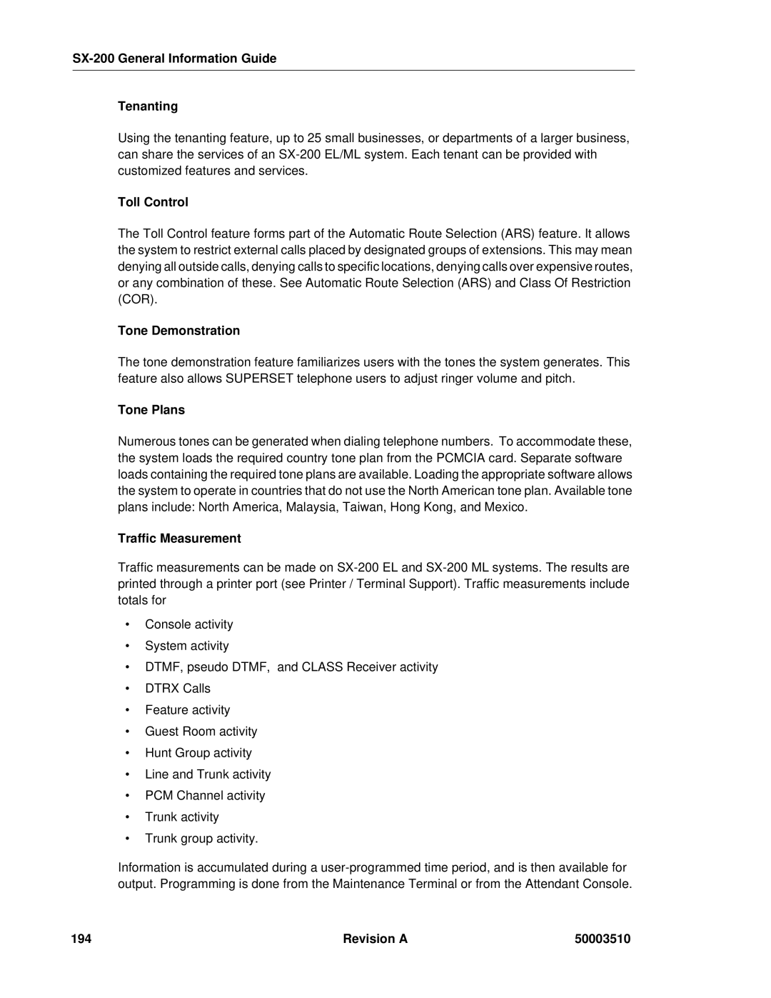 Mitel SX-2000, sx-200 manual SX-200 General Information Guide Tenanting, Toll Control, Tone Demonstration, Tone Plans 