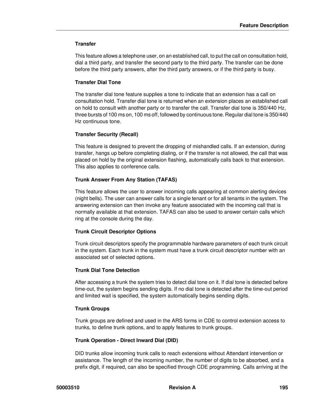 Mitel sx-200 Feature Description Transfer, Transfer Dial Tone, Transfer Security Recall, Trunk Circuit Descriptor Options 