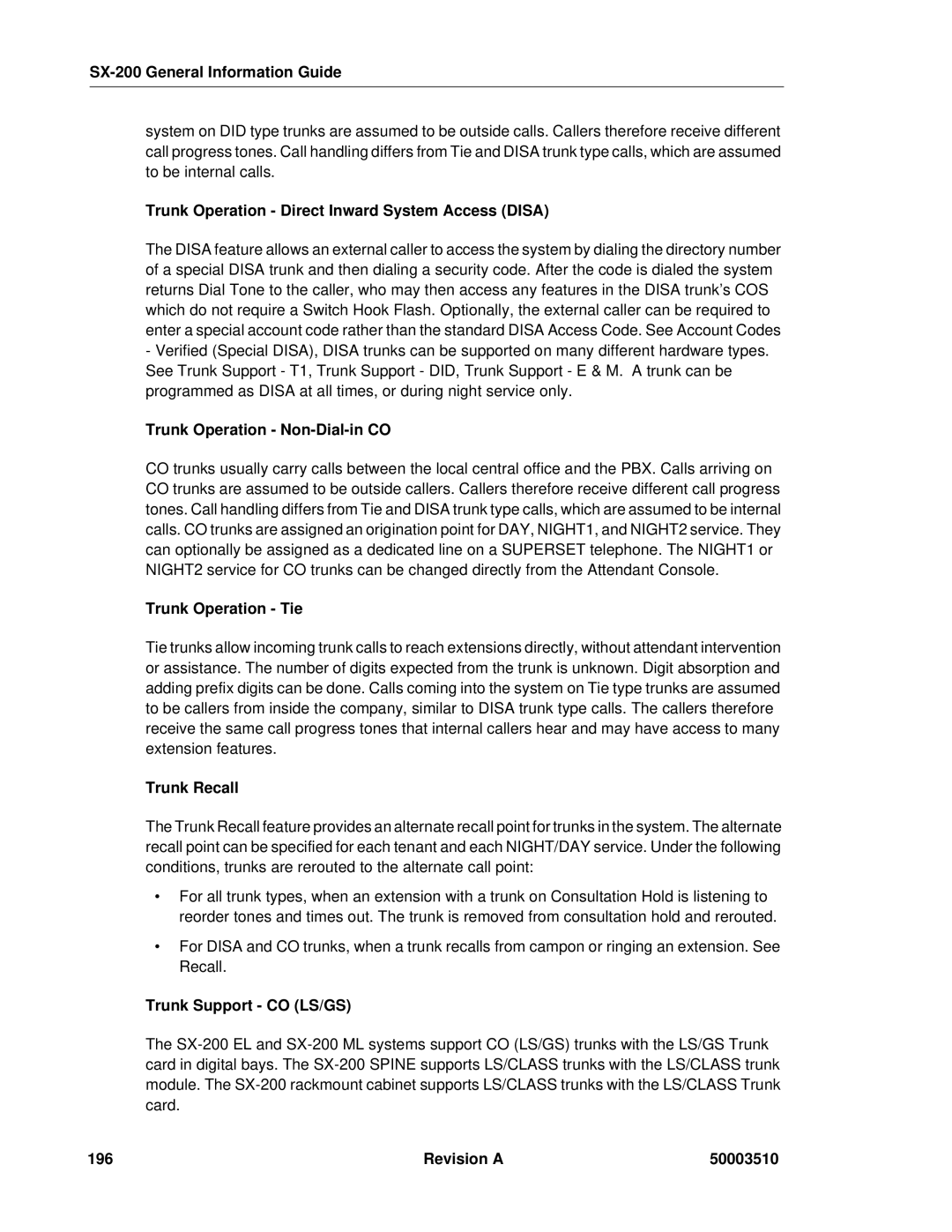 Mitel SX-2000 manual Trunk Operation Direct Inward System Access Disa, Trunk Operation Non-Dial-in CO, Trunk Operation Tie 